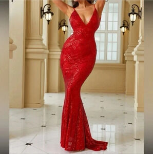 Luxe party bridesmaids prom wedding open back mermaid hem sequins gown dress